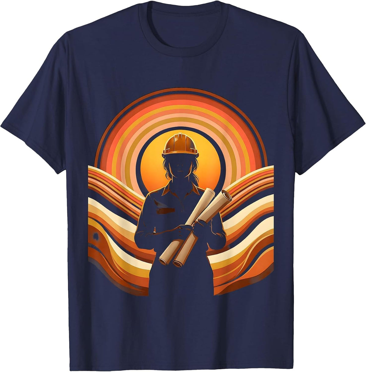 Labor Day Hard Hat Blueprint Worker Illustration T-Shirt - Navy Blue