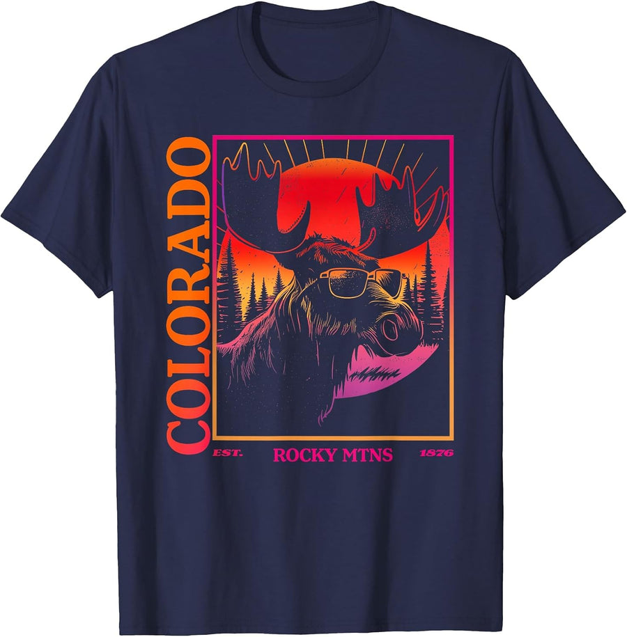Colorado Mountain Moose Retro Vintage 80s Elk Colorado T-Shirt - Navy Blue