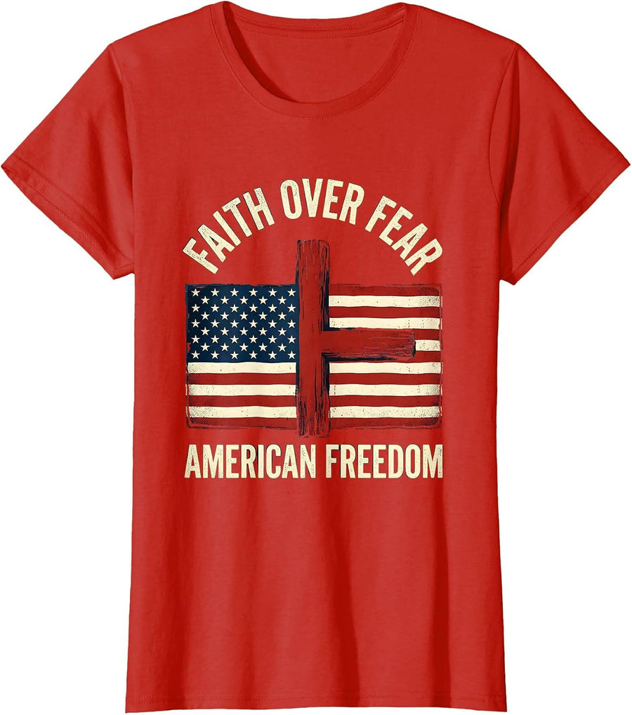 Women's Faith Over Fear American Freedom Patriotic Christian Cross T-Shirt - Red
