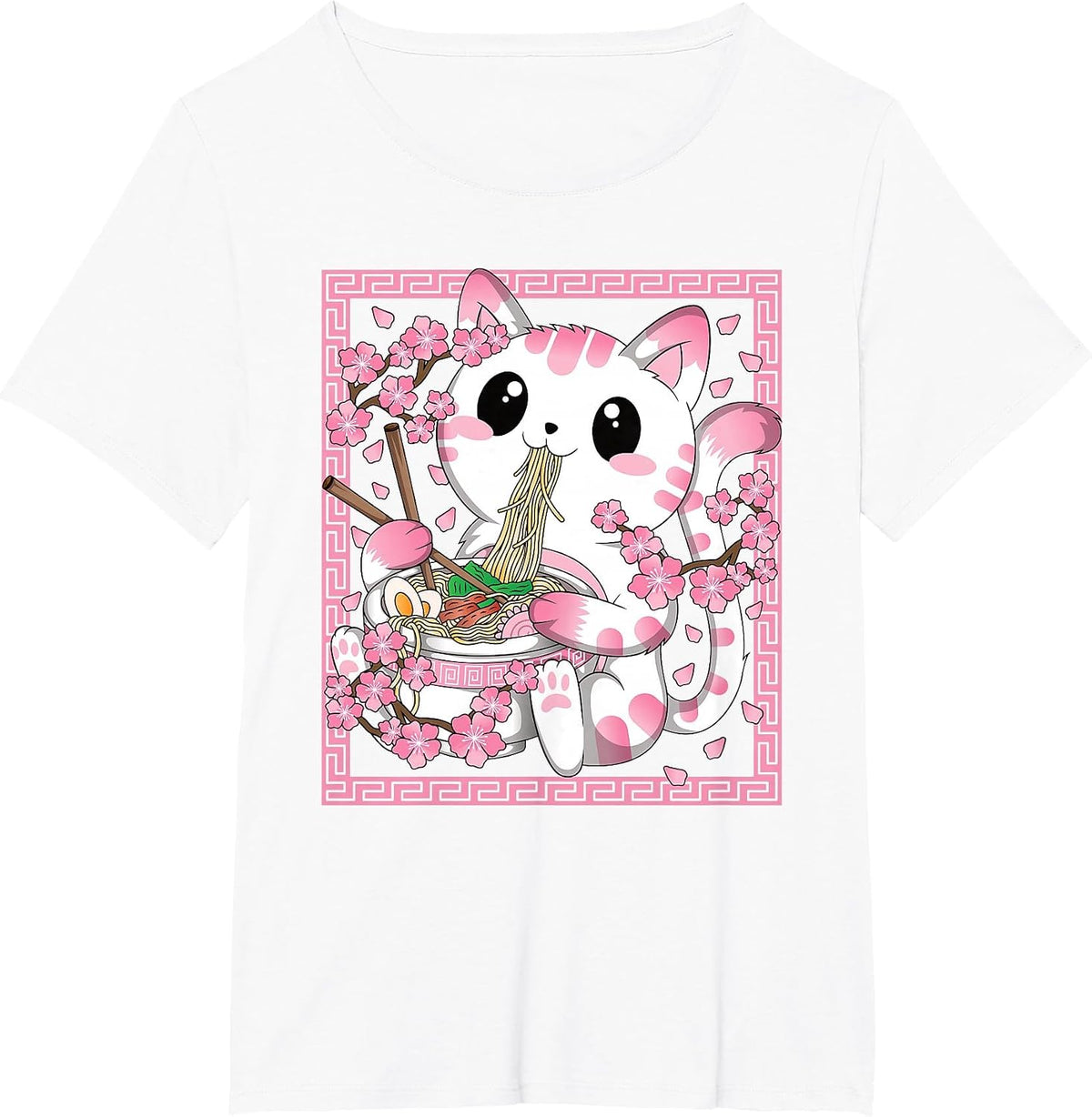 Kawaii Cat Ramen Anime Japanese Cherry Blossom Women Girls T-Shirt - White