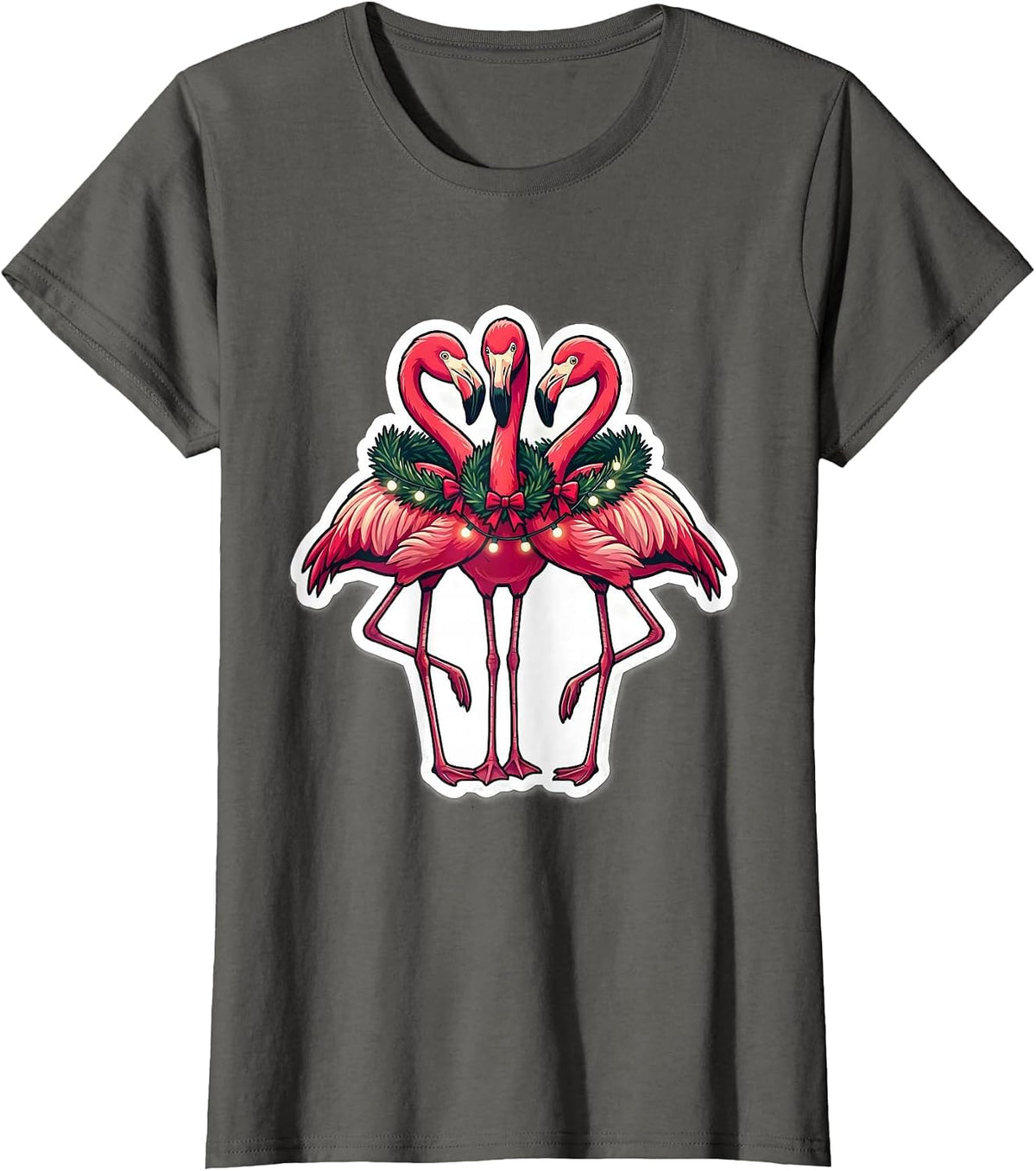 Women's Pink Flamingo Cluster Holiday Novelty Sticker Style T-Shirt - Asphalt Grey