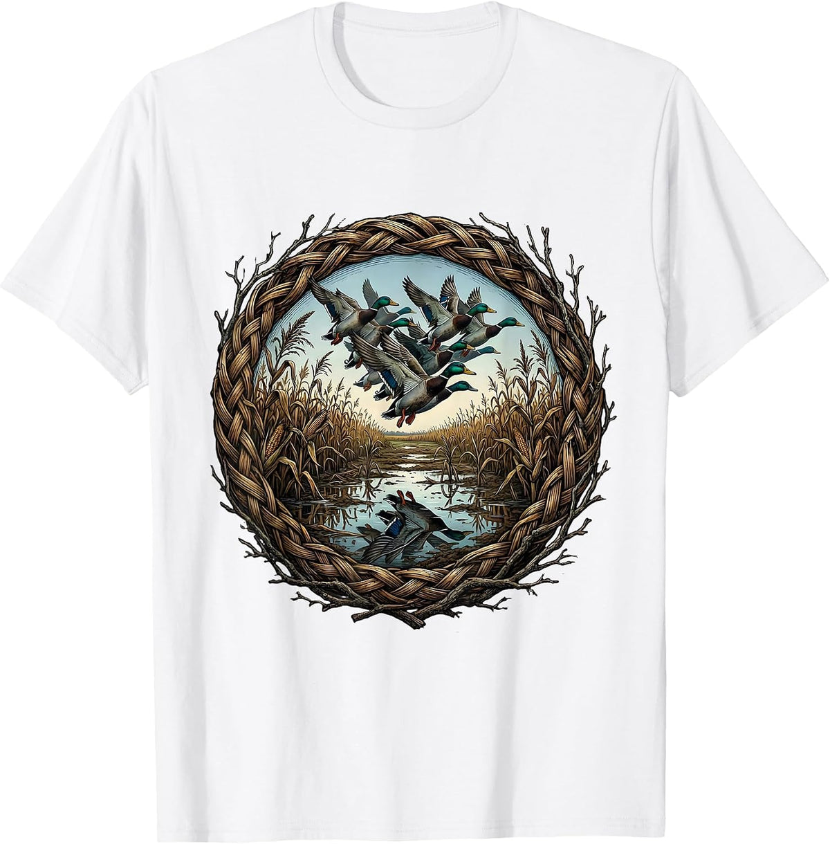 Men's Teal Duck Flooded Cornfield Bottomland Camo T-Shirt - White