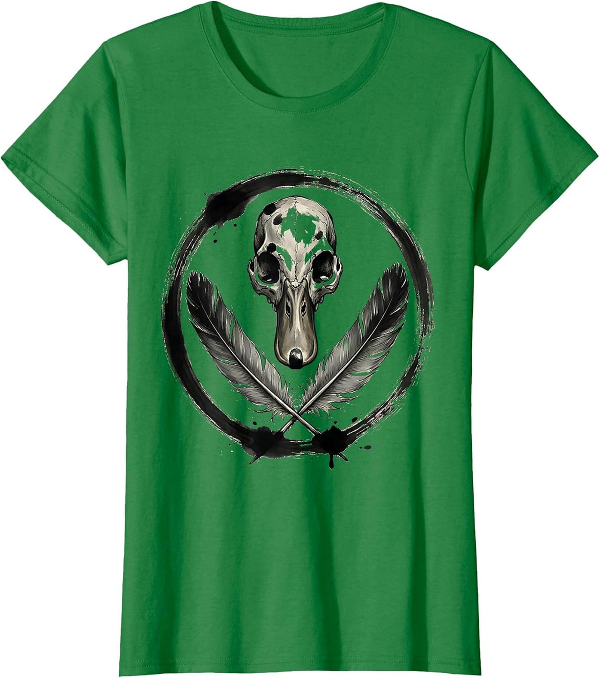 Women's Duck Skull Crossed Feathers Gothic Nature Design T-Shirt - Kelly Green