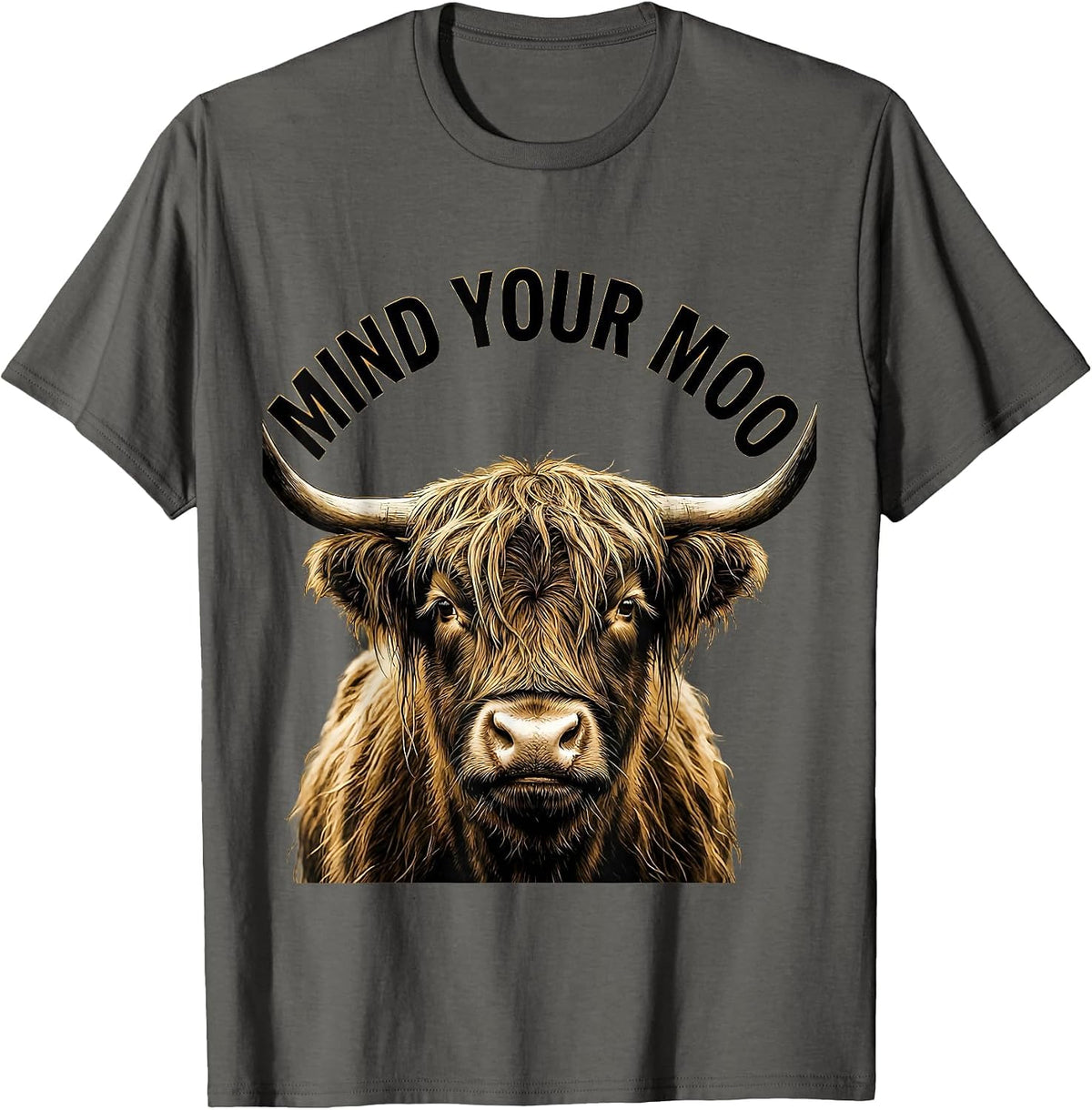Men's Mind Your Moo Funny Highland Cow Farm Humor Novelty T-Shirt - Asphalt Grey