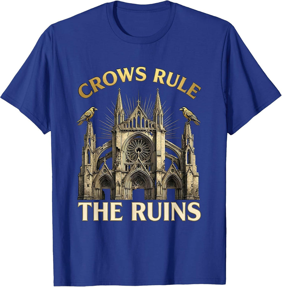 Crows Rule the Ruins Gothic Halloween Design T-Shirt - Royal Blue