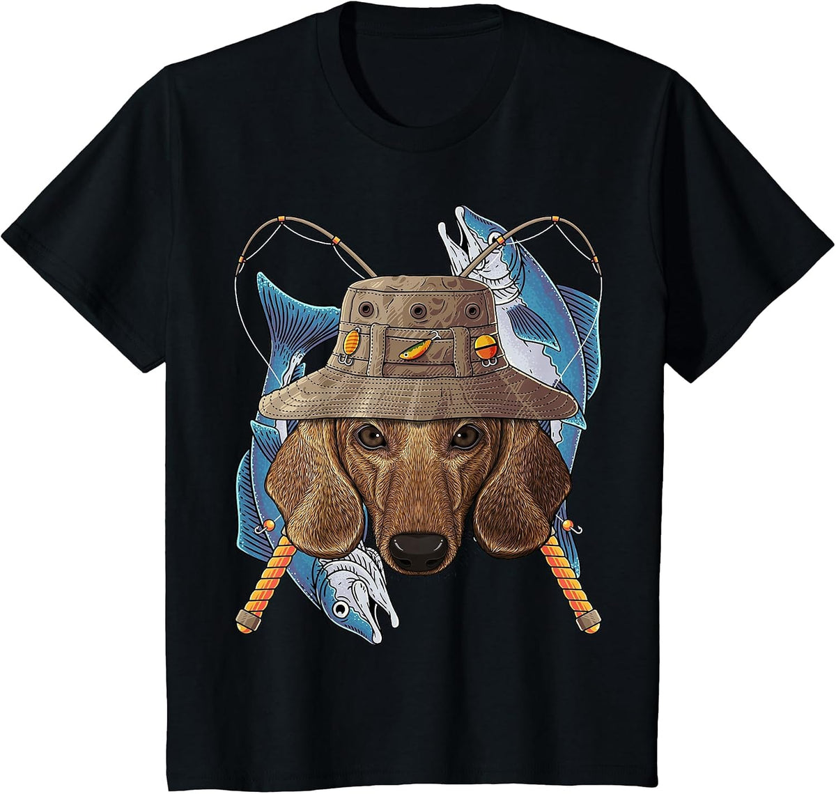 Outdoor Fisherman Dog Dachshund Cute Fly Fishing Dog T-Shirt - Black