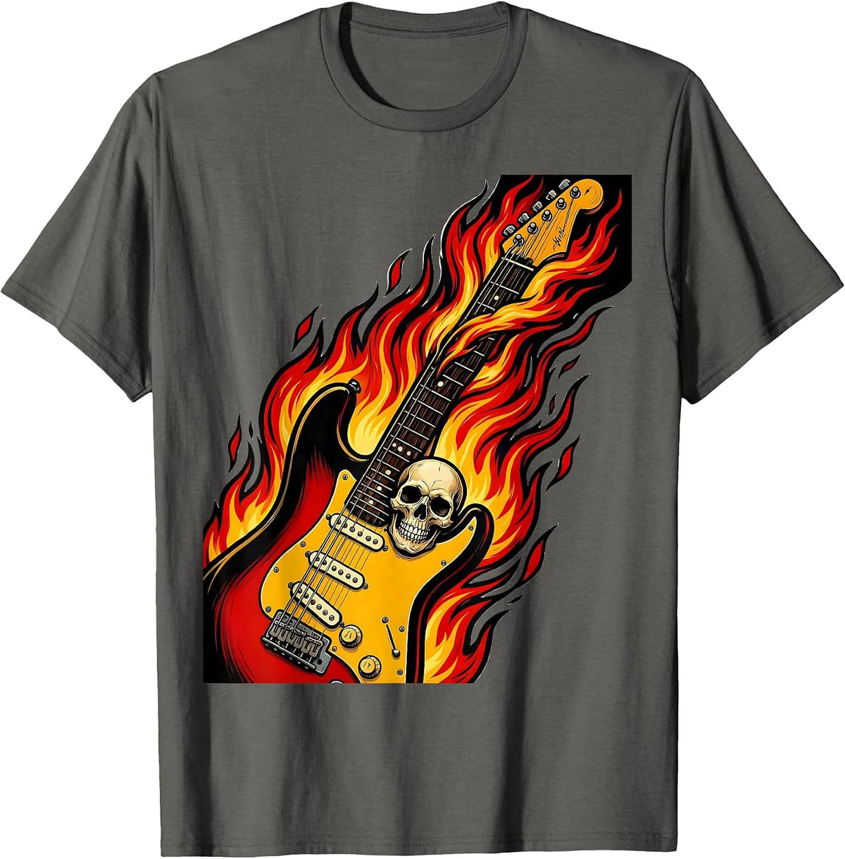Flaming Electric Guitar Rock Band Graphic T-Shirt - Asphalt Grey