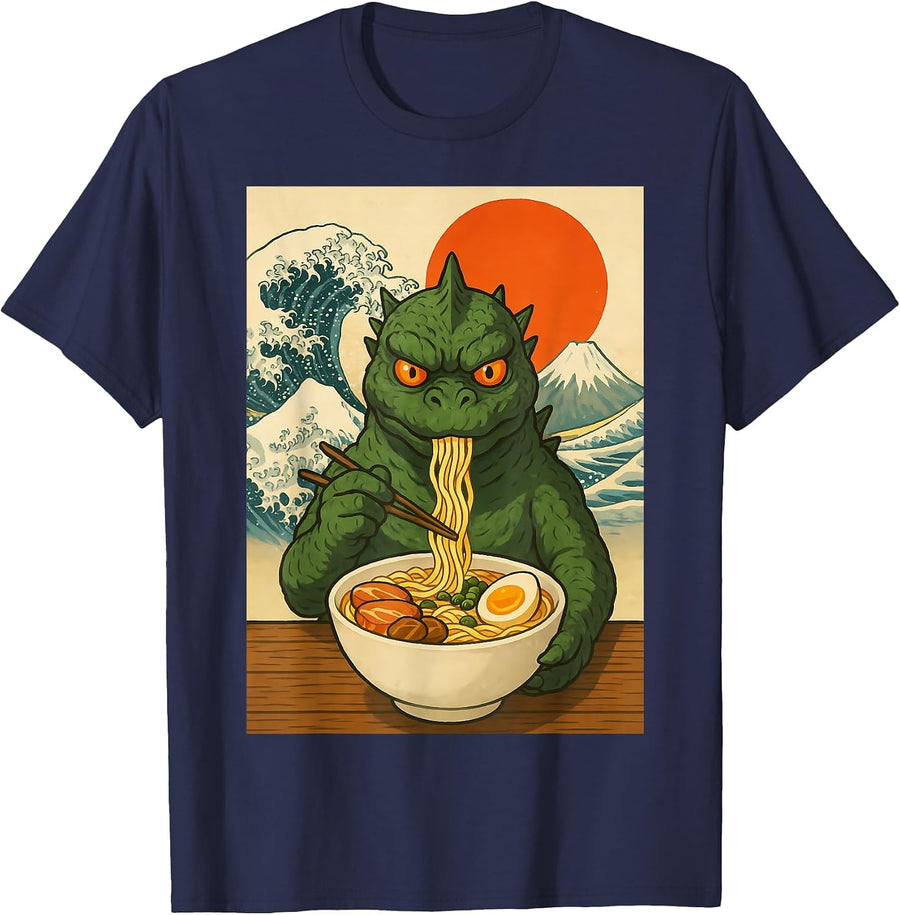 Funny Kaiju Monster Ramen Japanese Kawaii Anime Graphic T-Shirt - Navy Blue