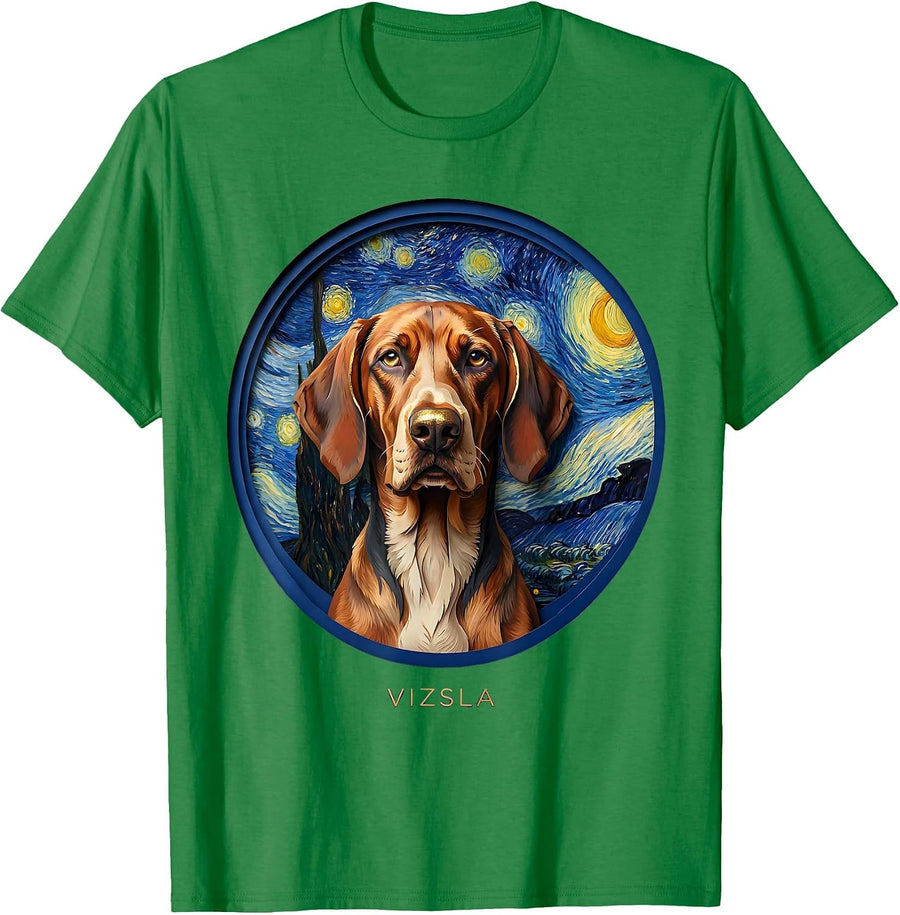 Men's Vizsla Paper Cutout Van Gogh Starry Night Dog Portrait T-Shirt - Kelly Green