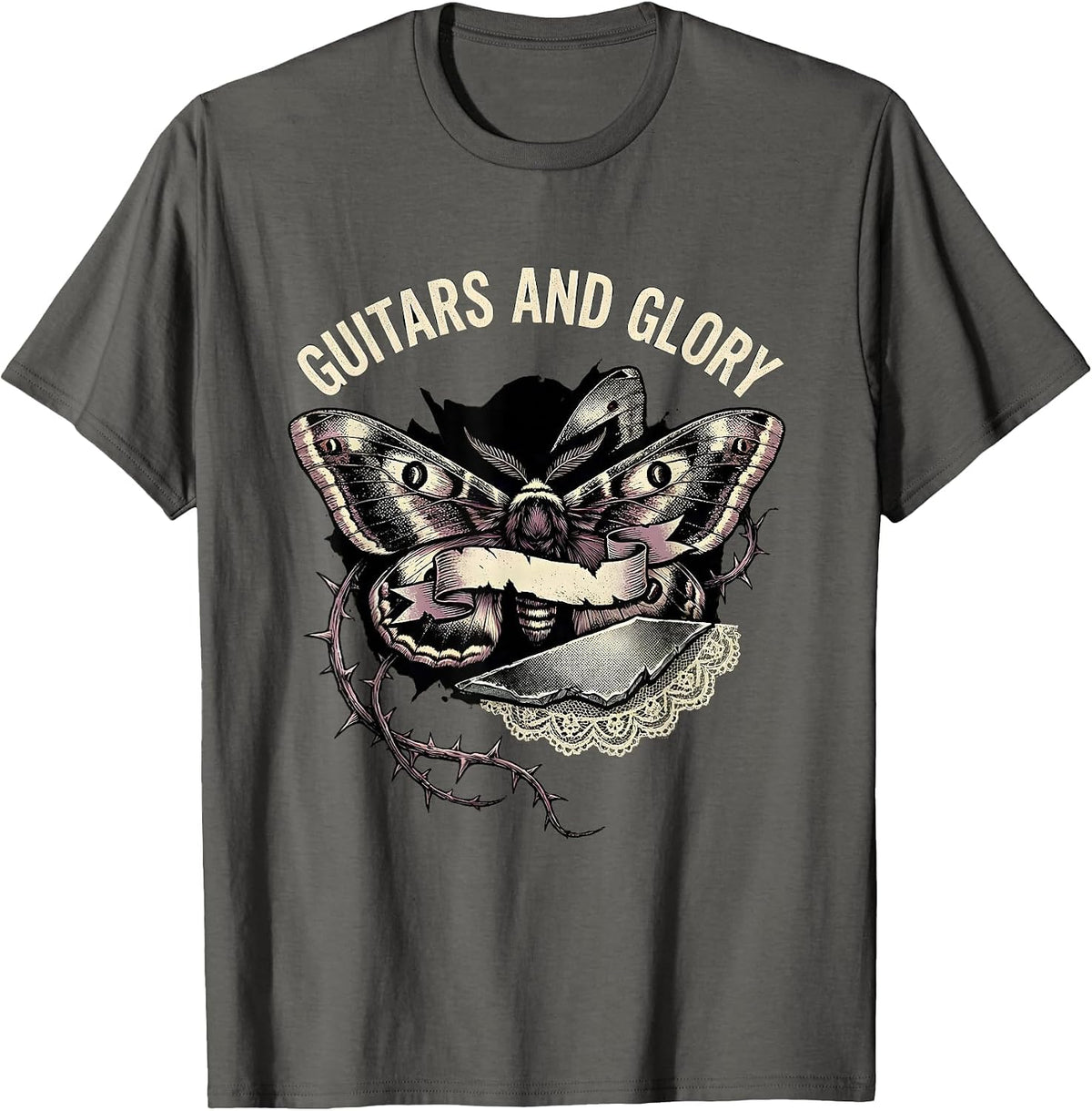 Men's Guitars and Glory 80s Rock Band Design T-Shirt - Asphalt Grey