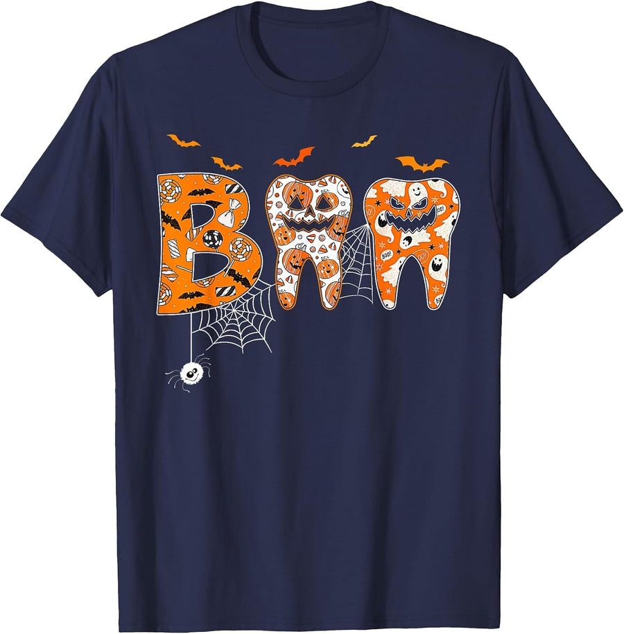 Boo Teeth Pumpkin Dentist Dental Hygienist Halloween T-Shirt - Navy Blue
