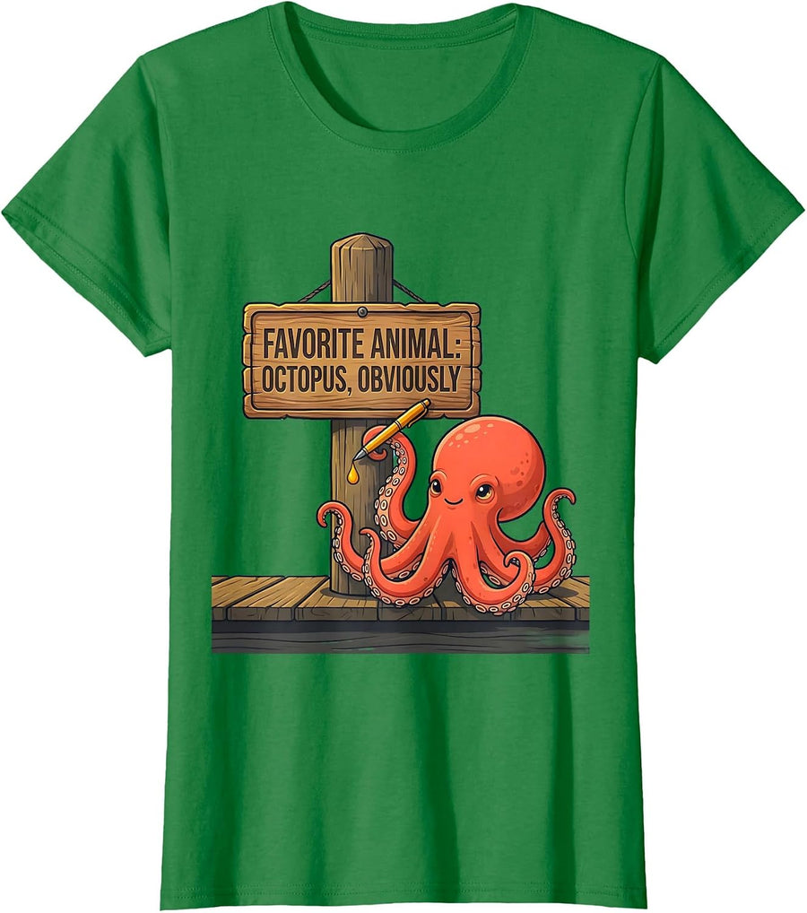 Women's Favorite Animal: Octopus, Obviously Cute Ocean Wildlife T-Shirt - Kelly Green