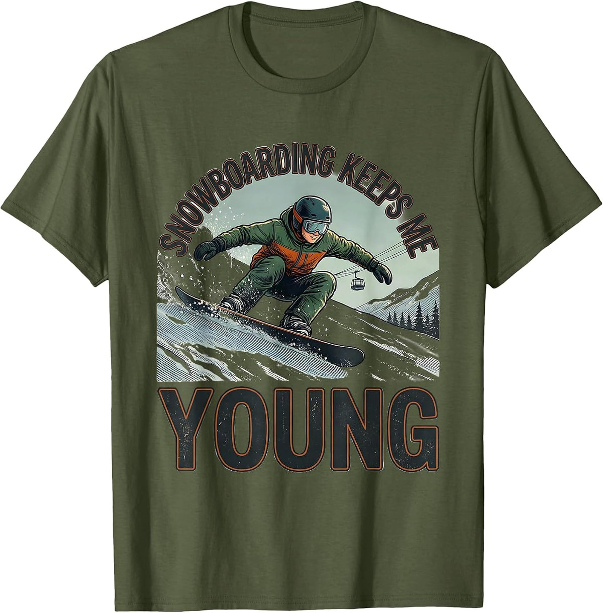 Men's Snowboarding Keeps Me Young Vintage Nostalgic Snowboarder T-Shirt - Olive Green
