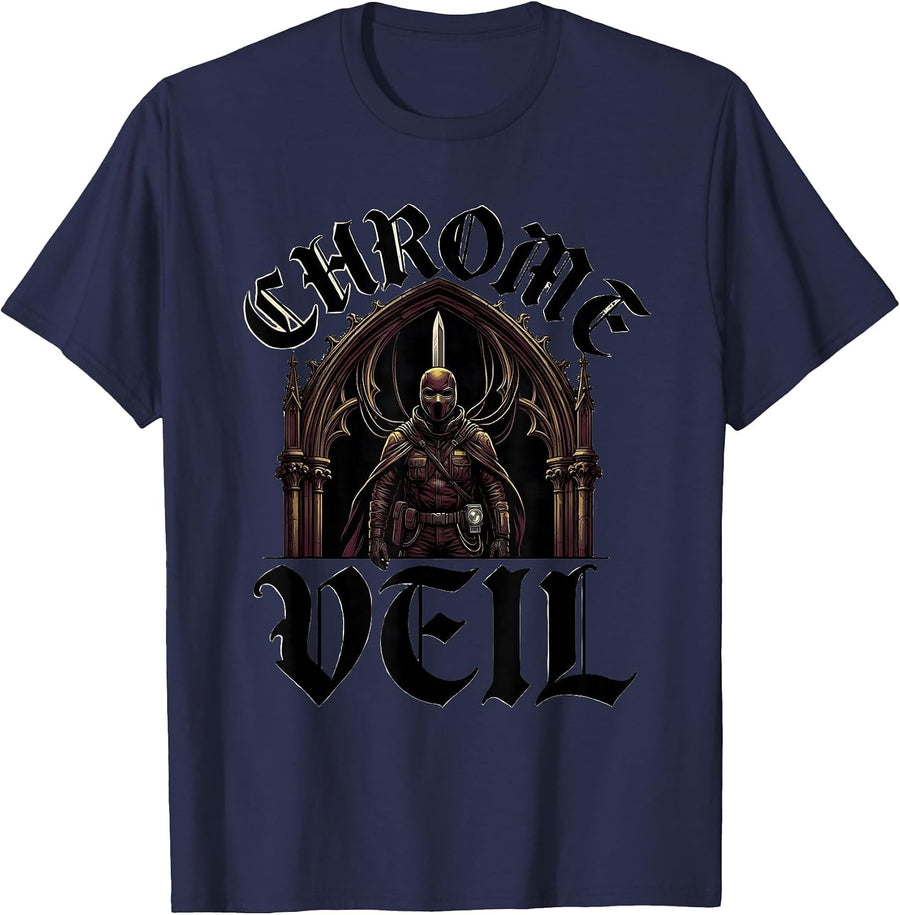 Chrome Veil Gothic Japanese Cyberpunk Streetwear Anime T-Shirt - Navy Blue
