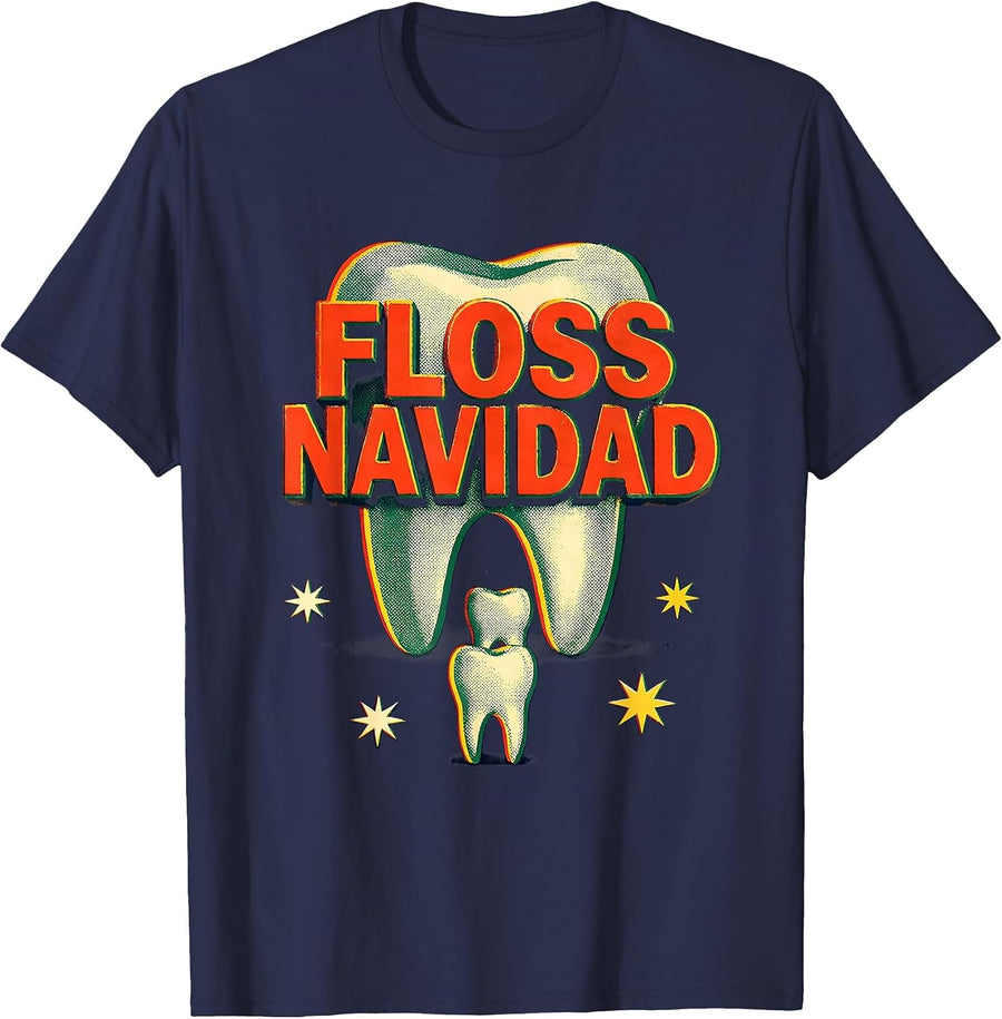 Floss Navidad Risograph Funny Dental Christmas Dental Team T-Shirt - Navy Blue
