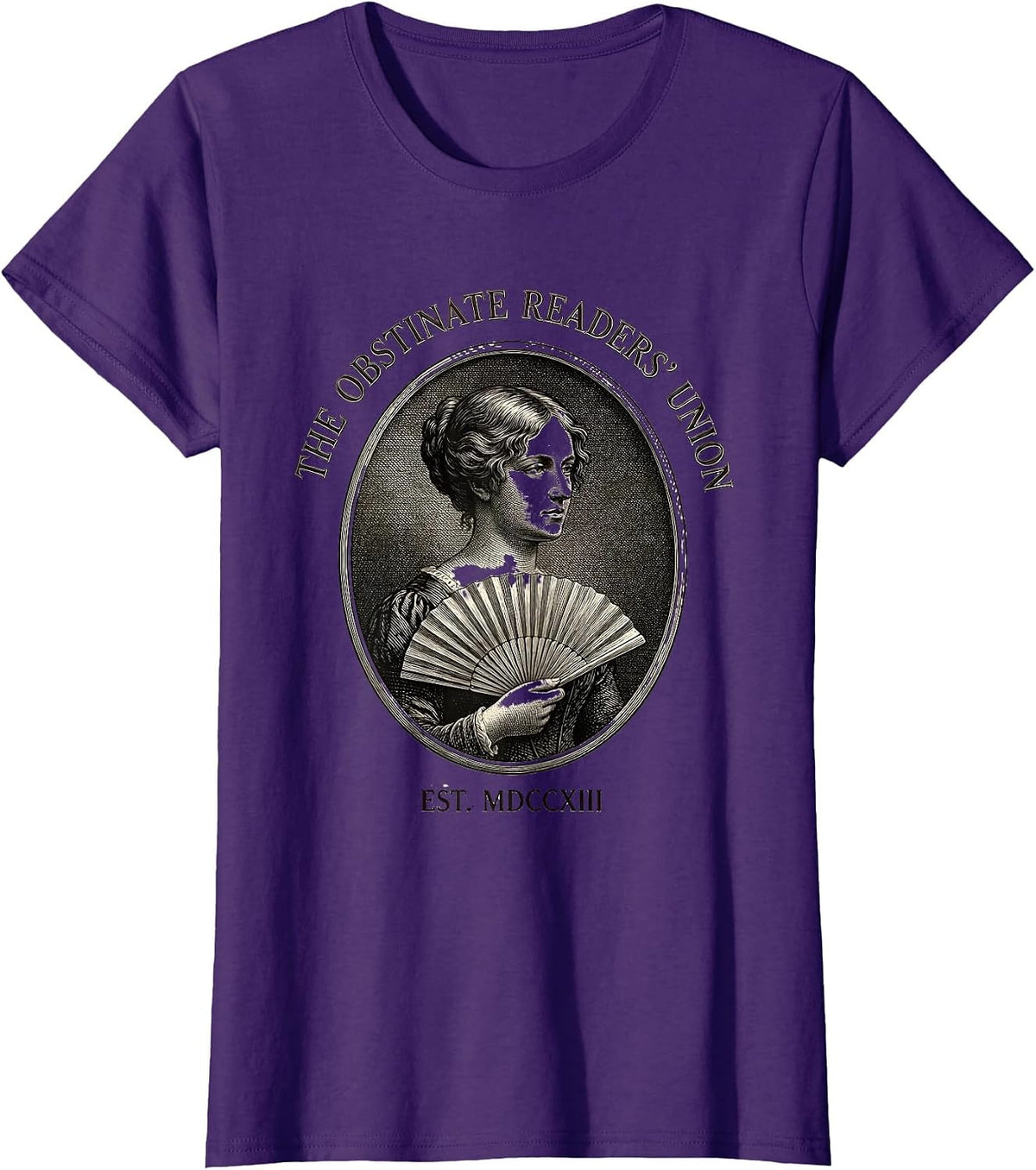 Women's The Obstinate Readers' Union Jane Austen Literary Humor Book T-Shirt - Purple