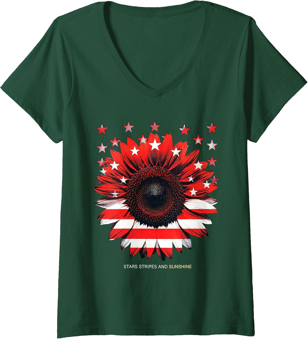 Women's Stars Stripes and Sunshine Red White Blue Design V-Neck T-Shirt - Dark Green