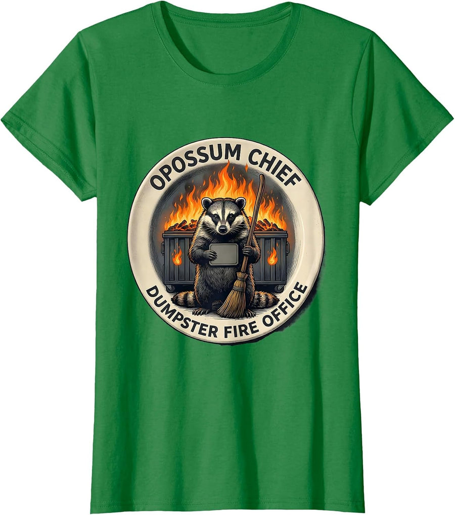 Women's Opossum Chief Dumpster Fire Office Funny Office Humor T-Shirt - Kelly Green