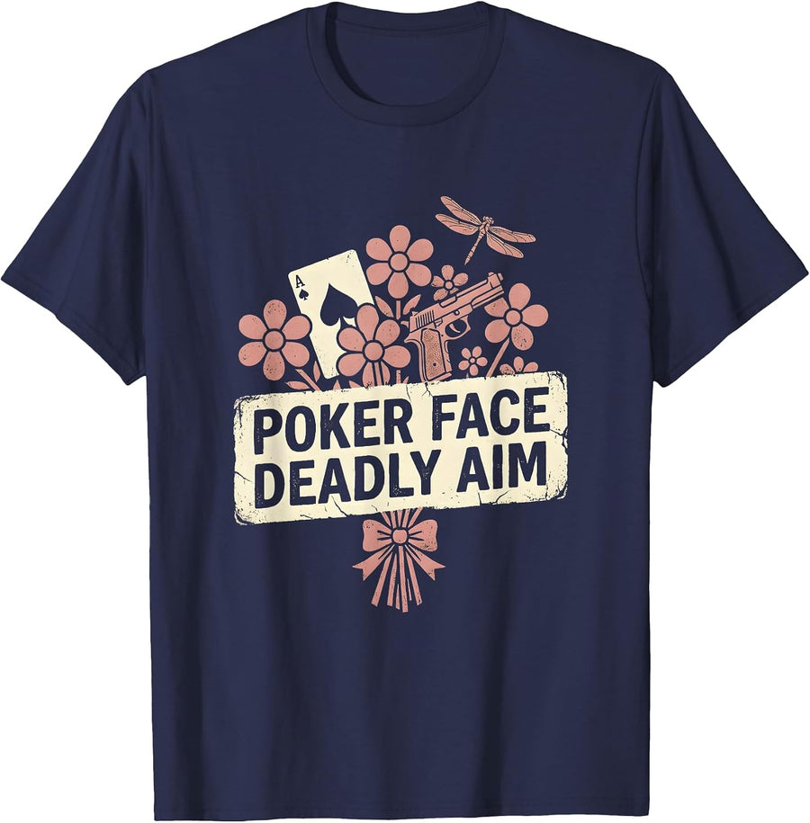 Poker Face Deadly Aim Holiday Graphic Design T-Shirt - Navy Blue