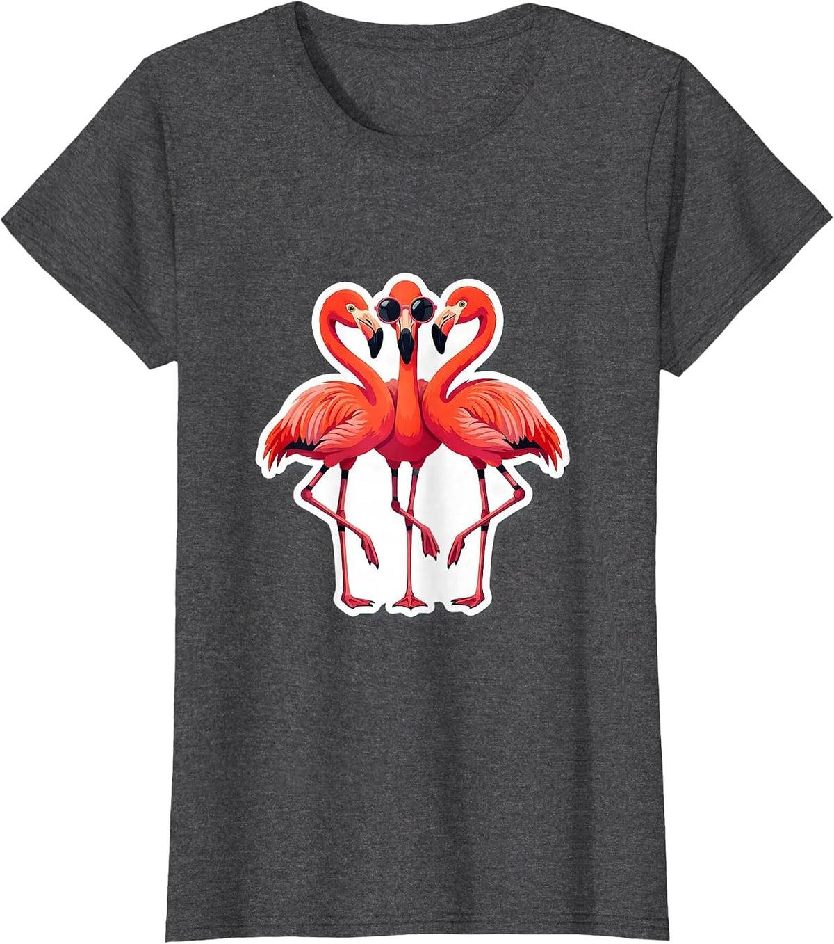 Women's Synchronized Flamingo Sticker-Style Novelty Humor T-Shirt - Dark Heather Grey