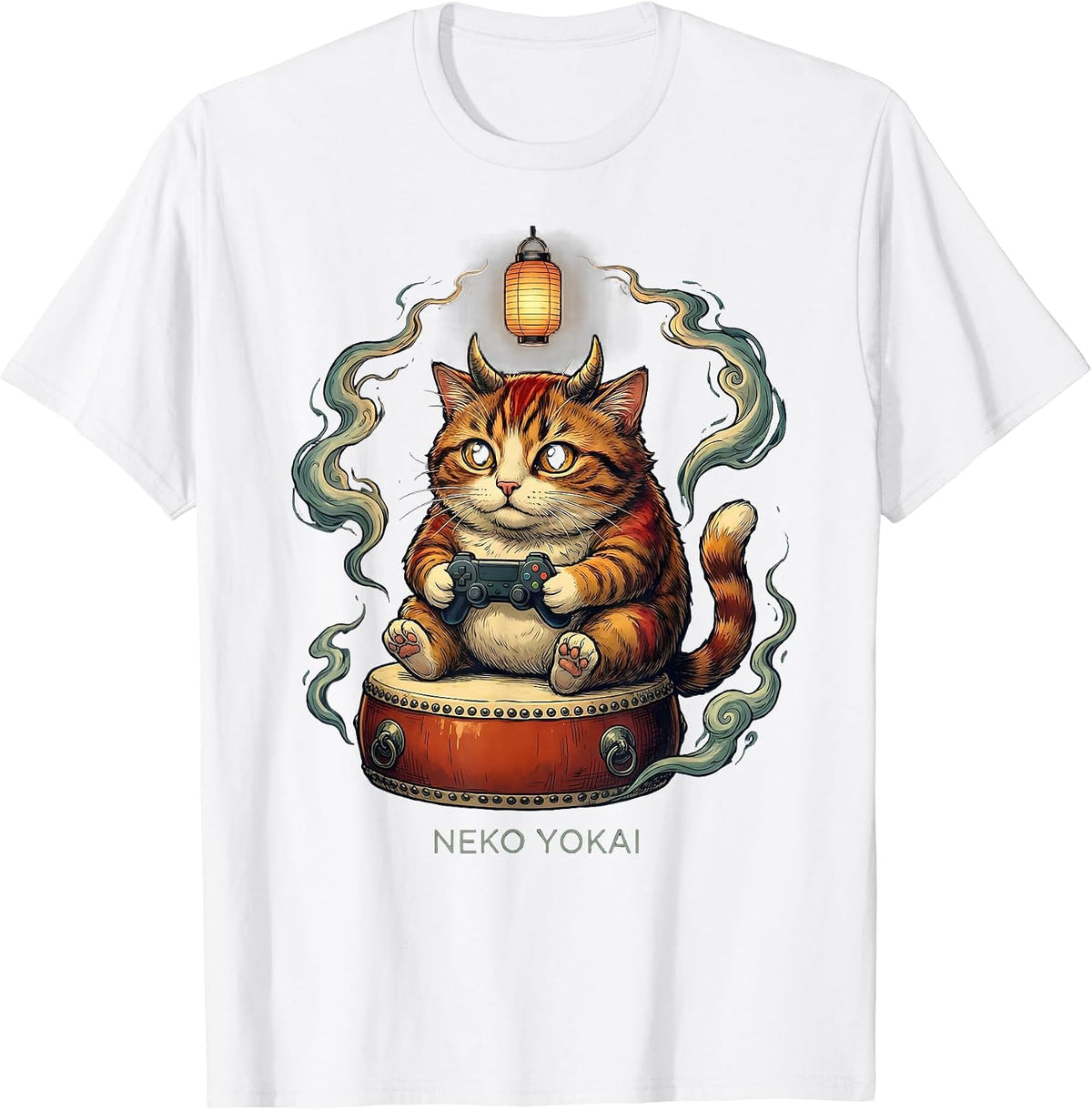 Men's Neko Yokai Funny Cat Anime Gaming Ramen Cat Lover T-Shirt - White