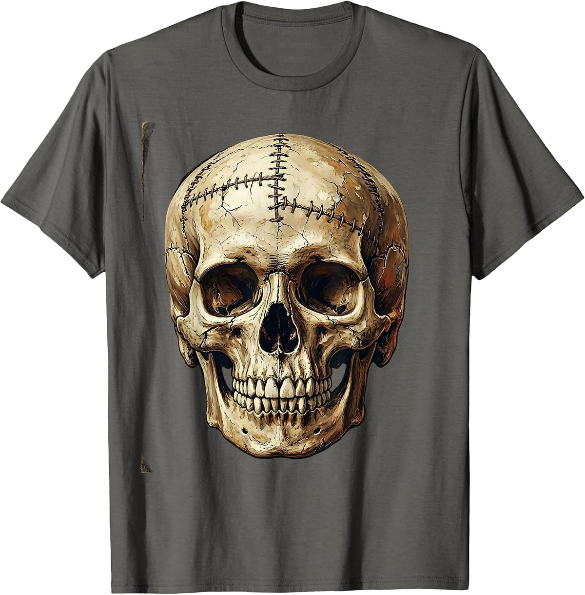 Grunge Weathered Skull Stitches and Cracks Art T-Shirt - Asphalt Grey