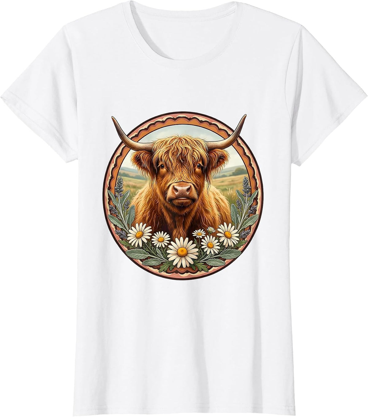 Highland Cow Sitting in a Field of Daisies T-Shirt - White