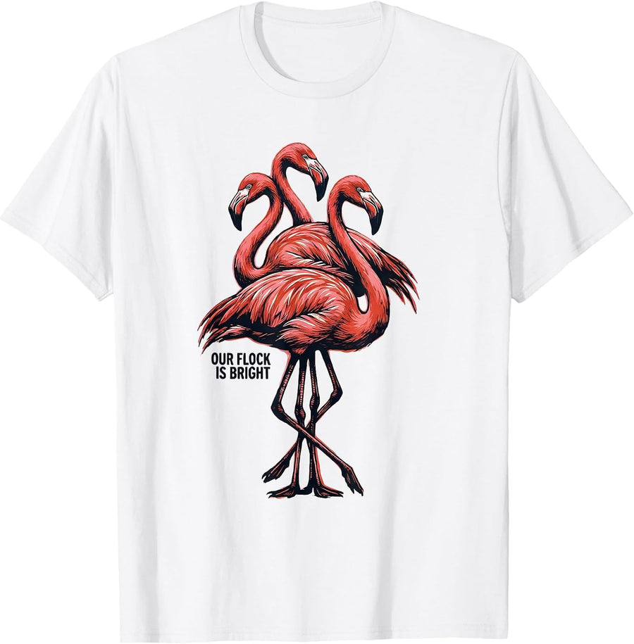 Men's Our Flock Is Bright Linocut Flamingo Lover Family Matching T-Shirt - White