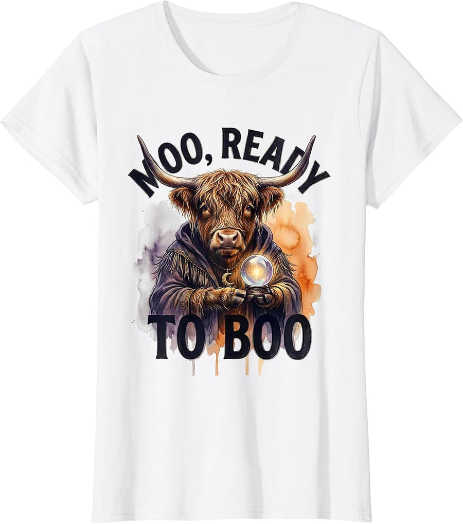 Women's Moo, Ready To Boo Watercolor Highland Cow Halloween Costume T-Shirt - White