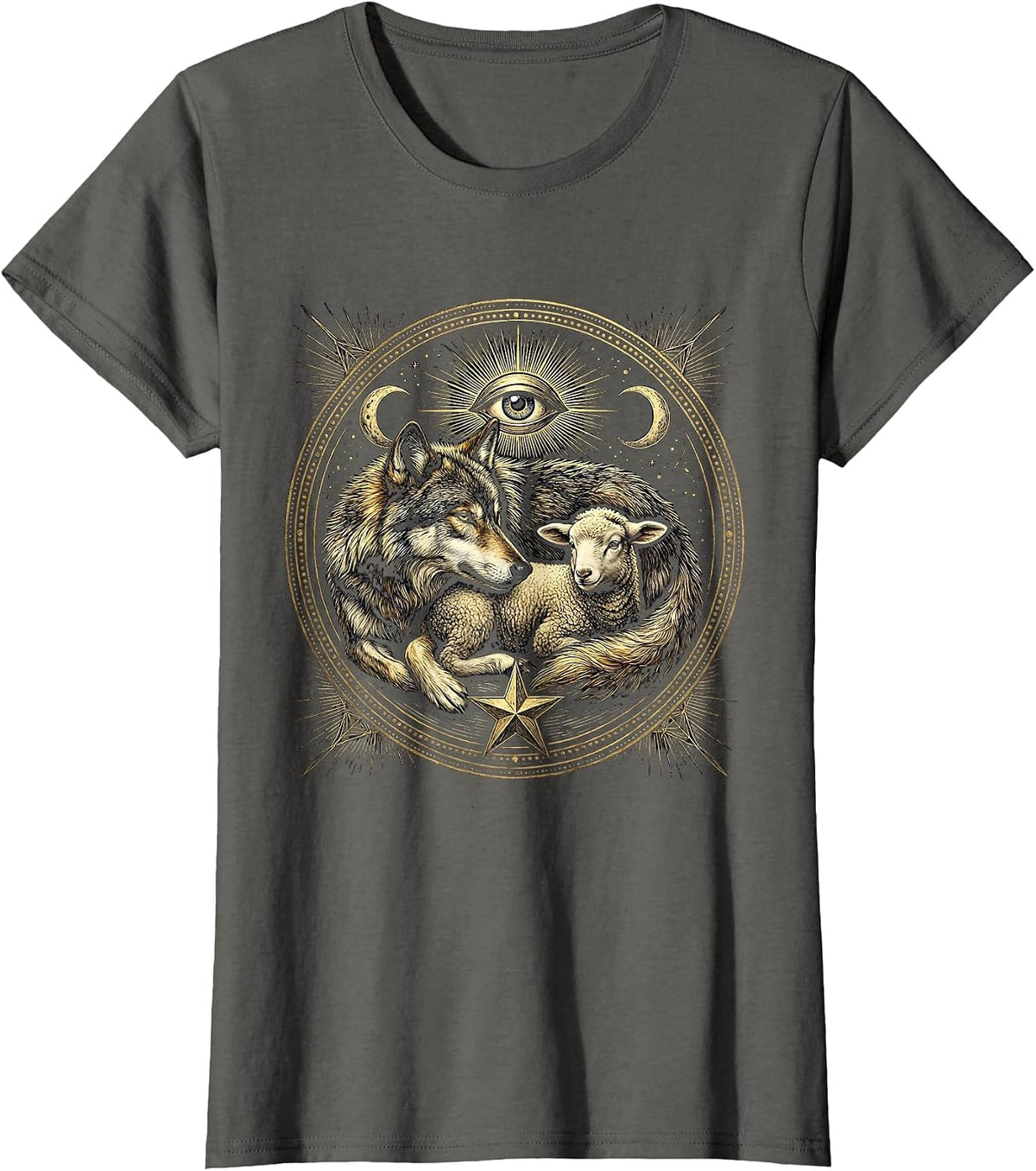 Women's Wolf and Lamb Resting Together Faith Over Fear T-Shirt - Asphalt Grey