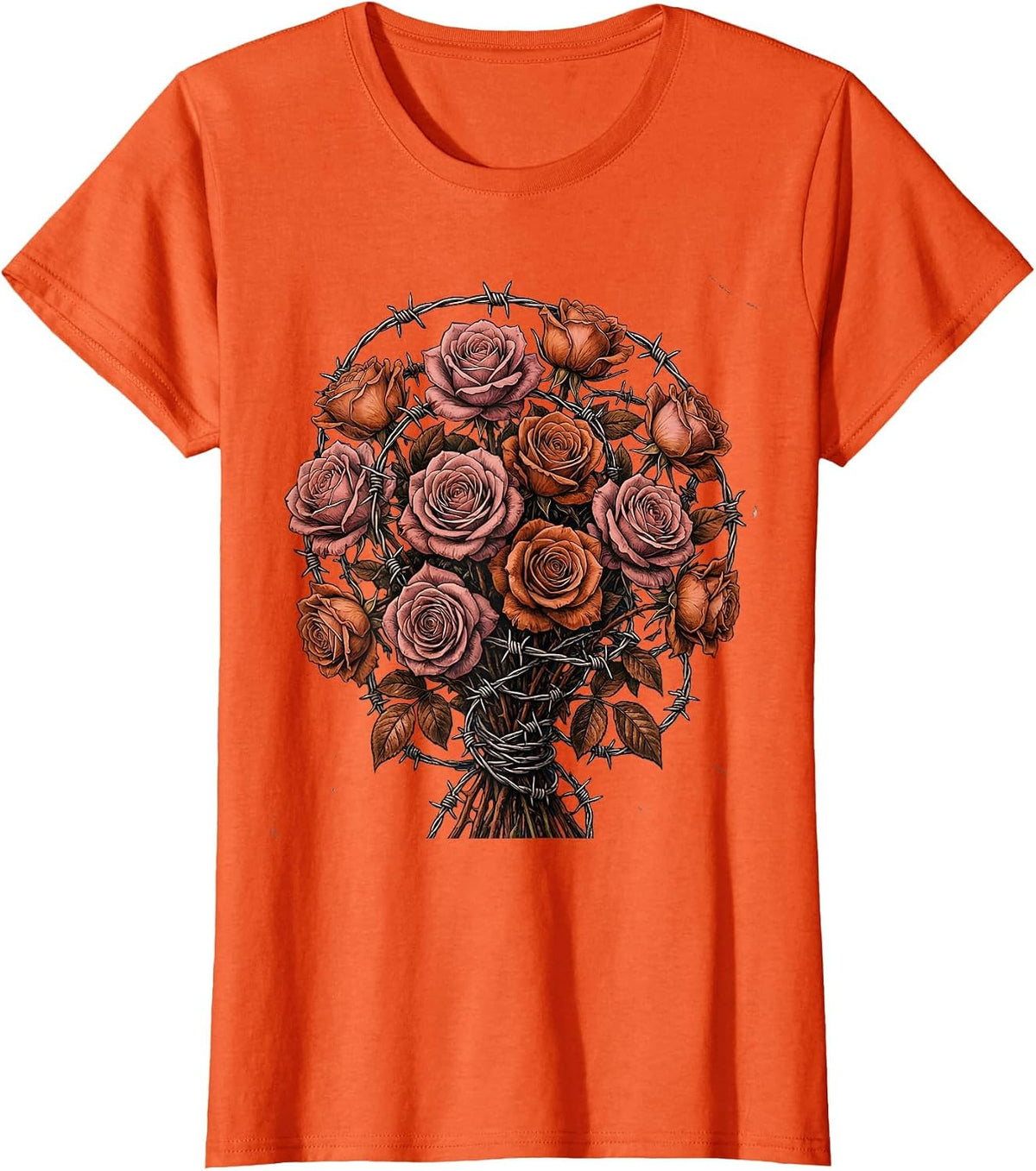 Roses and Barbed Wire 80s Rock Graphic T-Shirt - Orange