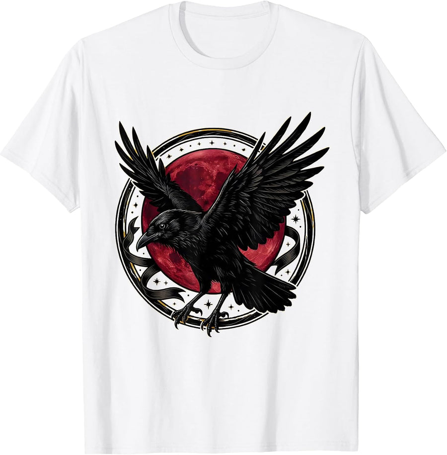 Men's Crow Spread Wings Full Moon Graphic T-Shirt - White