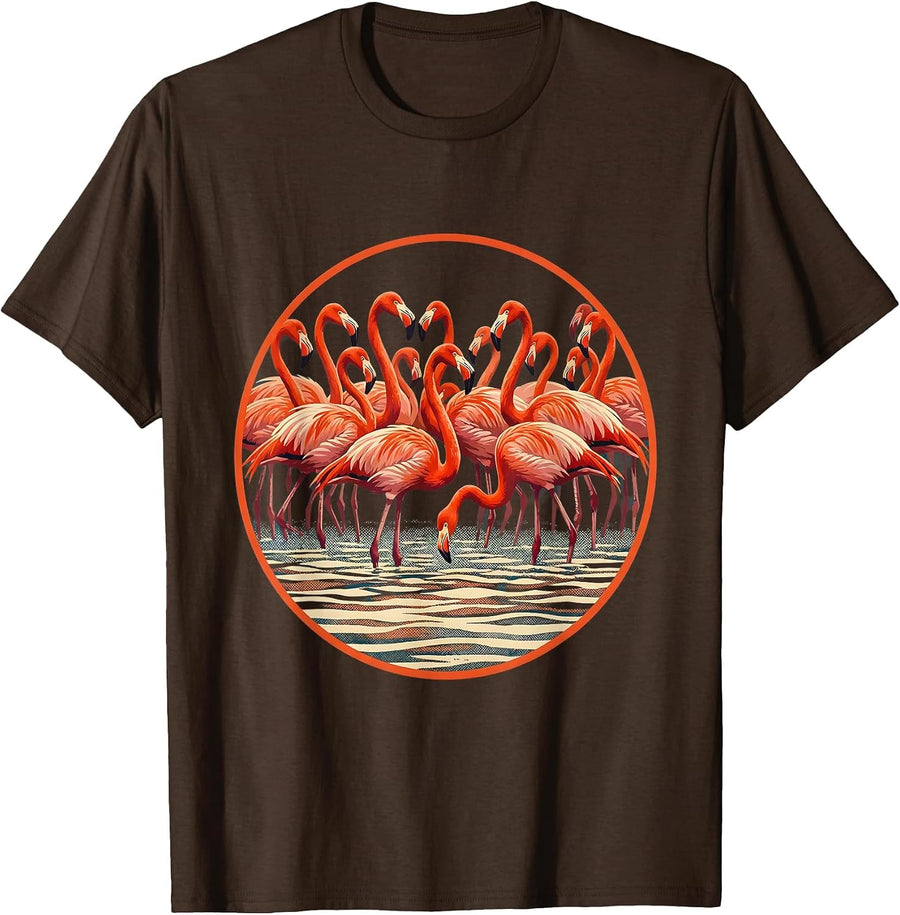 Men's Flamingo Flock Pink Lake Safari Illustration T-Shirt - Brown