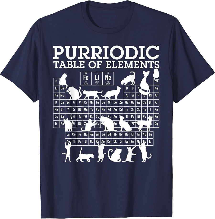 Retro Periodic Table Chemistry Cat Periodic Table of Element T-Shirt - Navy Blue