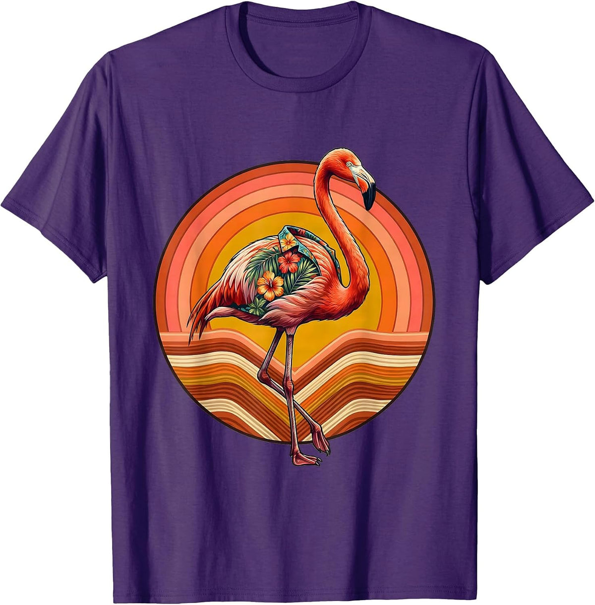 Flamingo in Floral Hawaiian Shirt Graphic T-Shirt - Purple
