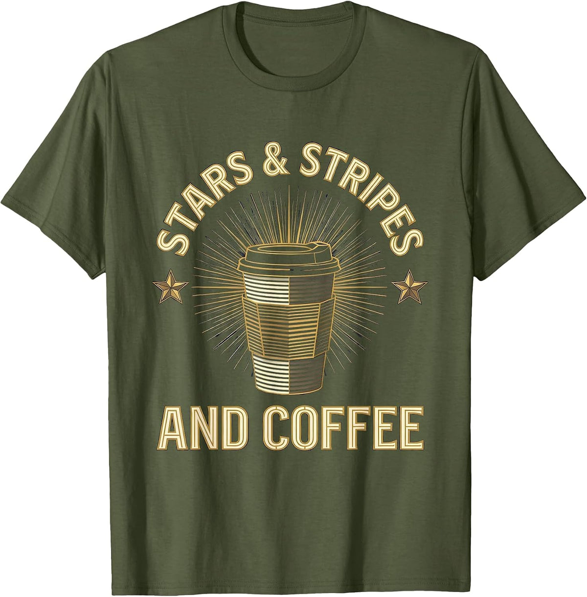 Stars Stripes and Coffee American Pride Design T-Shirt - Olive Green