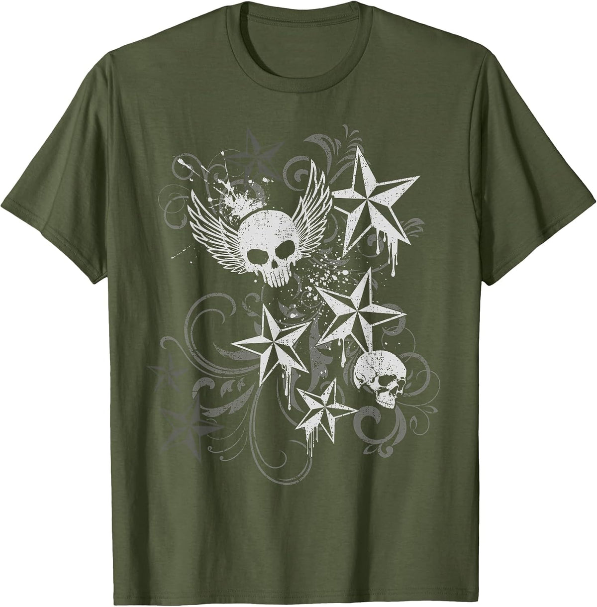 Y2k Grunge Skull Wings 2000s 90s Emo Harajuku Goth T-Shirt - Olive Green