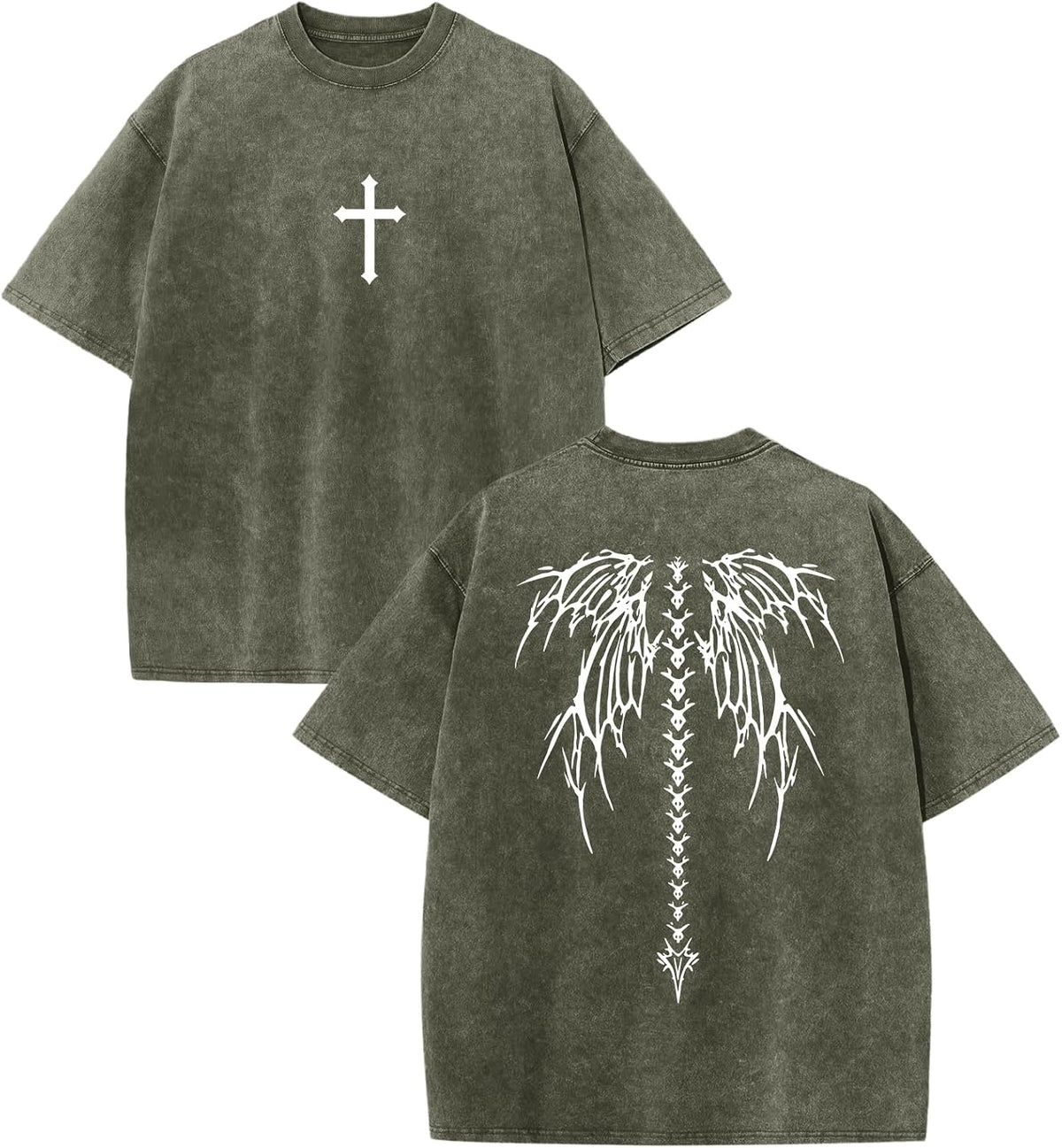 Y2K Gothic Punk Shirt for Men Cross Skull Vintage Graphic Tees Grunge Streetwear Goth Shirts Baggy Acid Wash Tshirt - Army