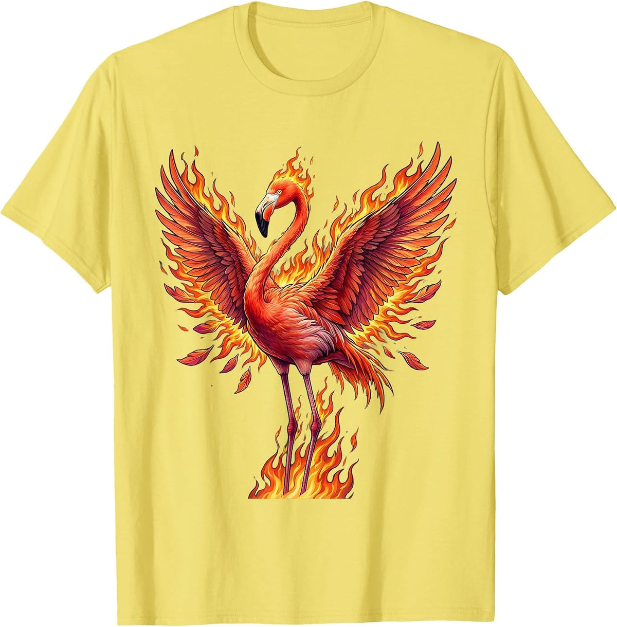 Men's Flaming Flamingo Engulfed in Colorful Fire T-Shirt - Lemon Yellow