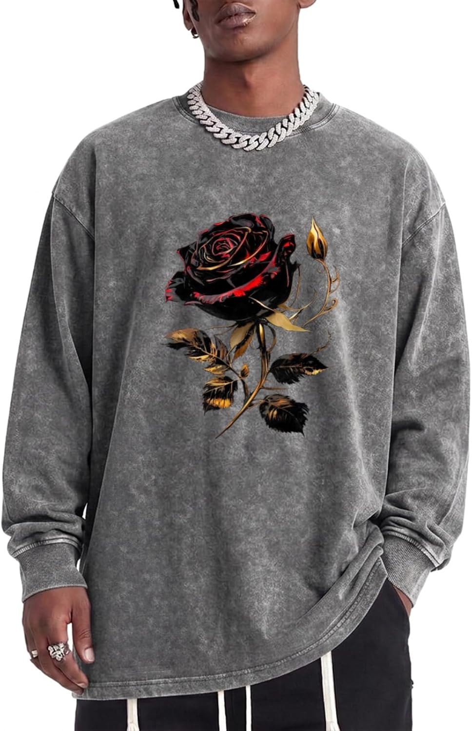 Goth Graphic Long Sleeve Shirts for Men Gothic Rose Shirt Grunge Vintage Streetwear Shirts Acid Wash Tshirts - Gray