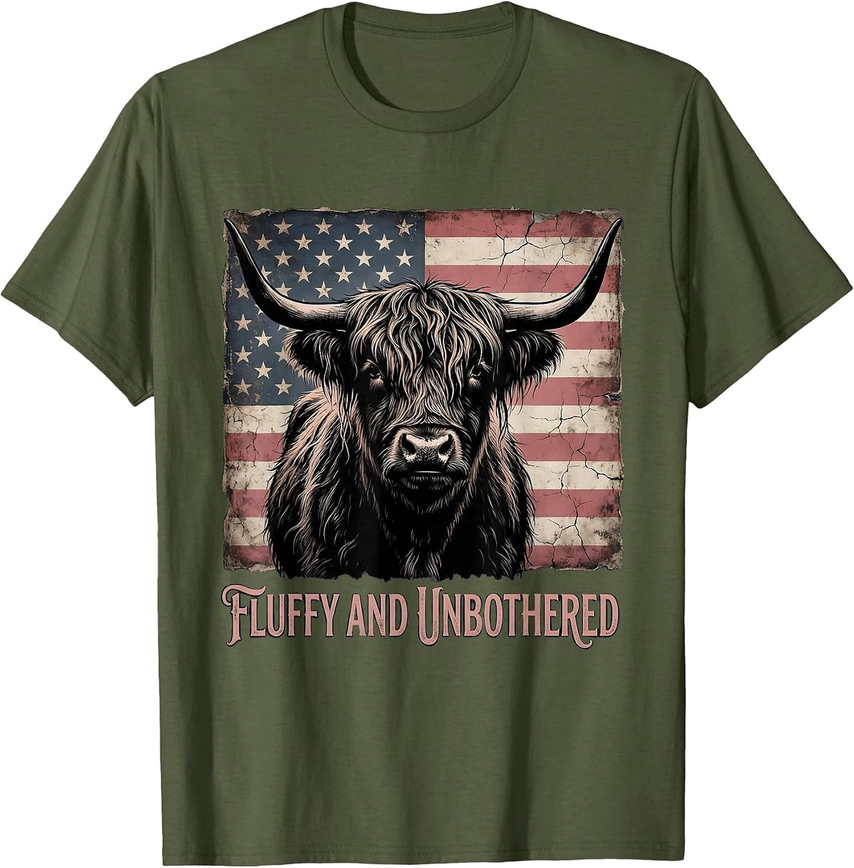 Fluffy and Unbothered Highland Cow Design T-Shirt - Olive Green