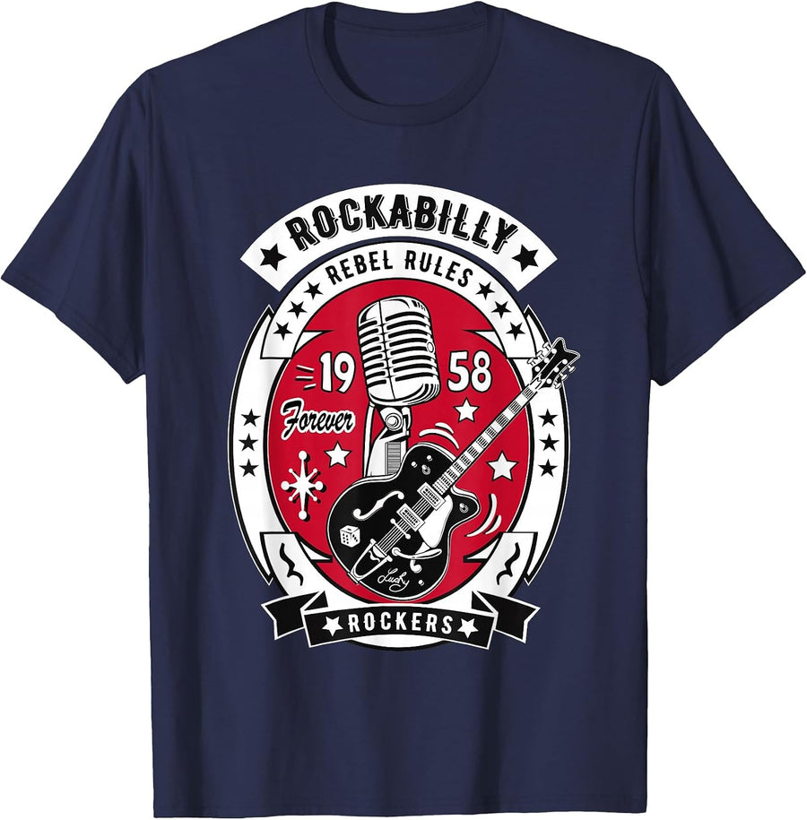 1950s Sock Hop Dance Rock N Roll Shirt 50s Rockabilly Guitar T-Shirt - Navy Blue