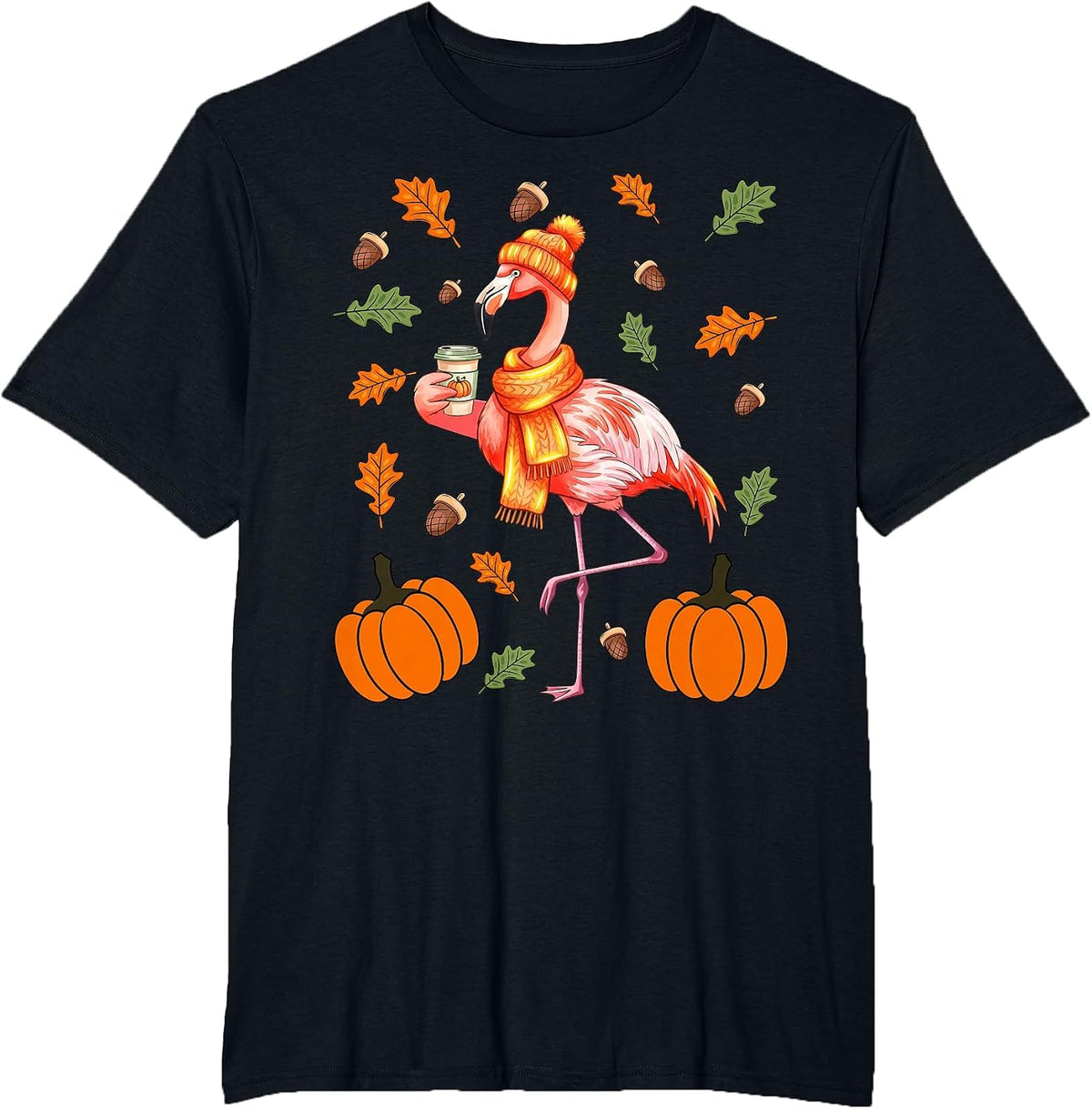 Autumn Flamingo Pumpkin Spice Latte Fall Leaves Thanksgiving T-Shirt - Black