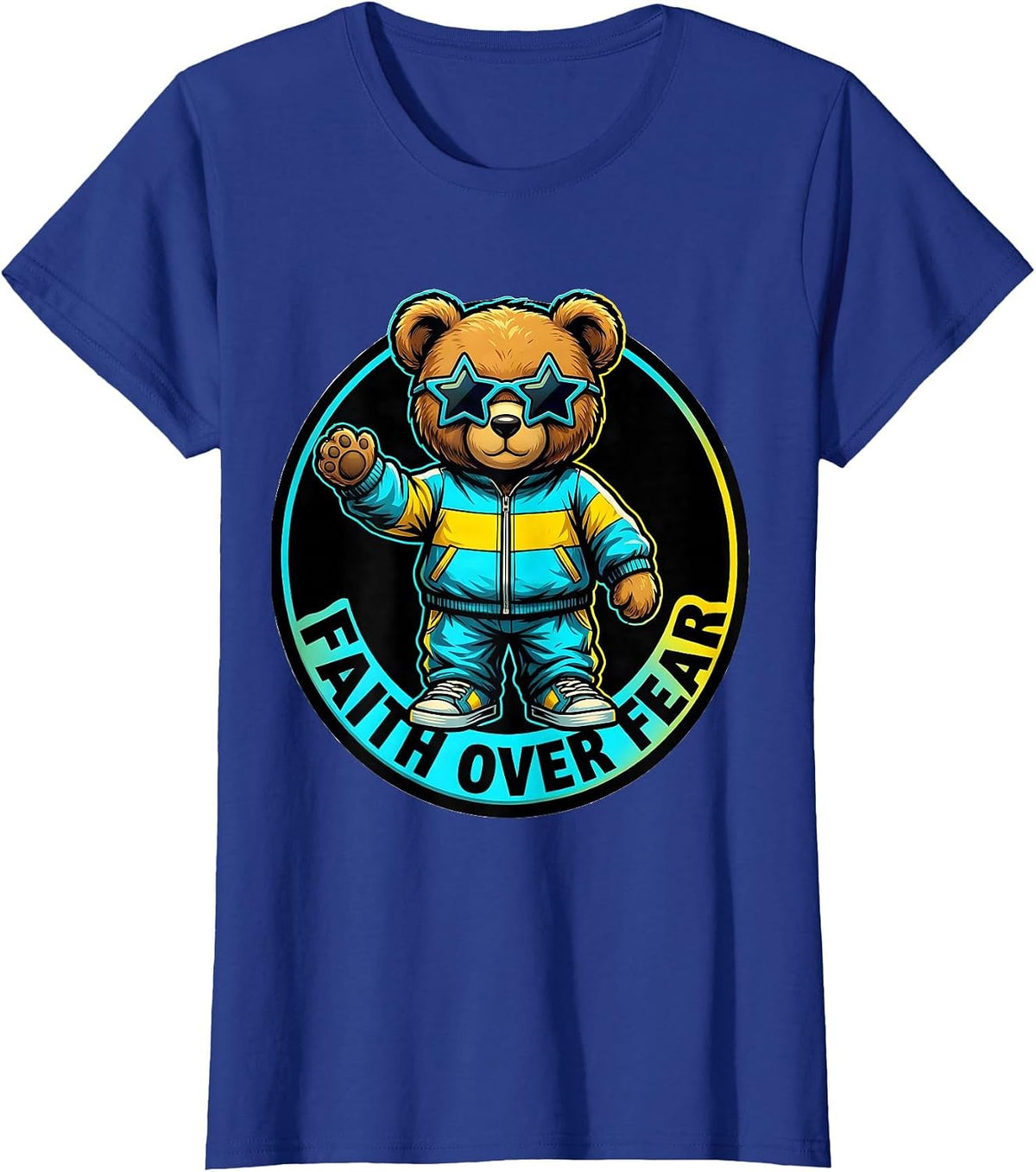 Women's Faith Over Fear Pop Art Teddy Bear Character Graphic T-Shirt - Royal Blue