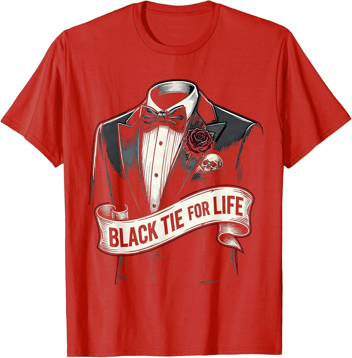 Men's Black Tie For Life Tuxedo Graphic Design T-Shirt - Red