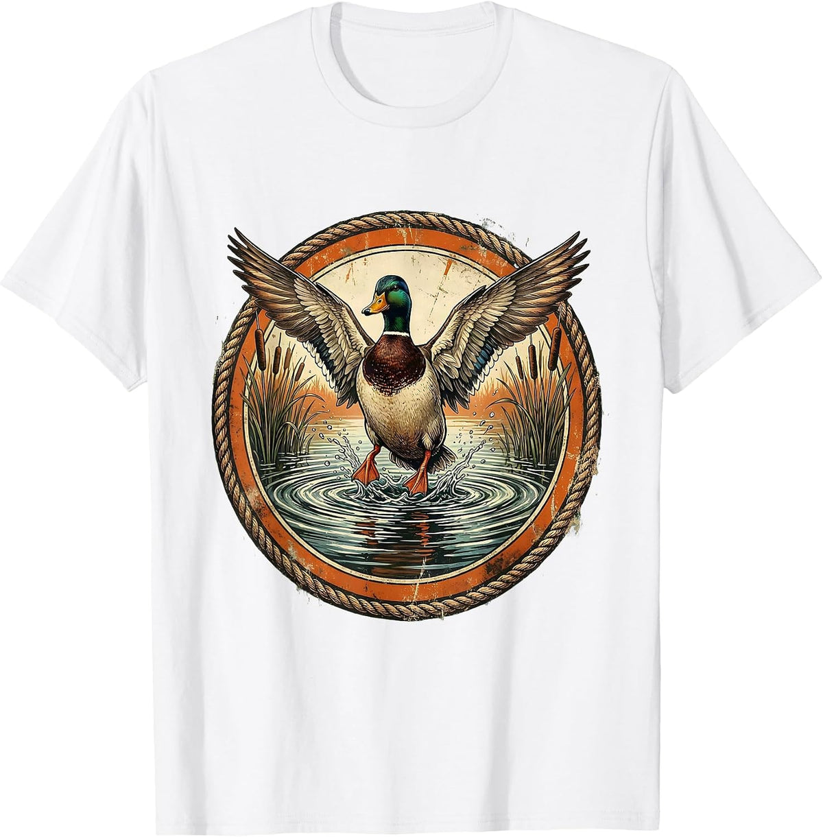 Men's Duck Splash Landing on Still Pond Illustration T-Shirt - White