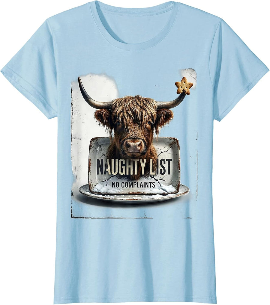 Women's Naughty List No Complaints Distressed Highland Cow Farm T-Shirt - Baby Blue