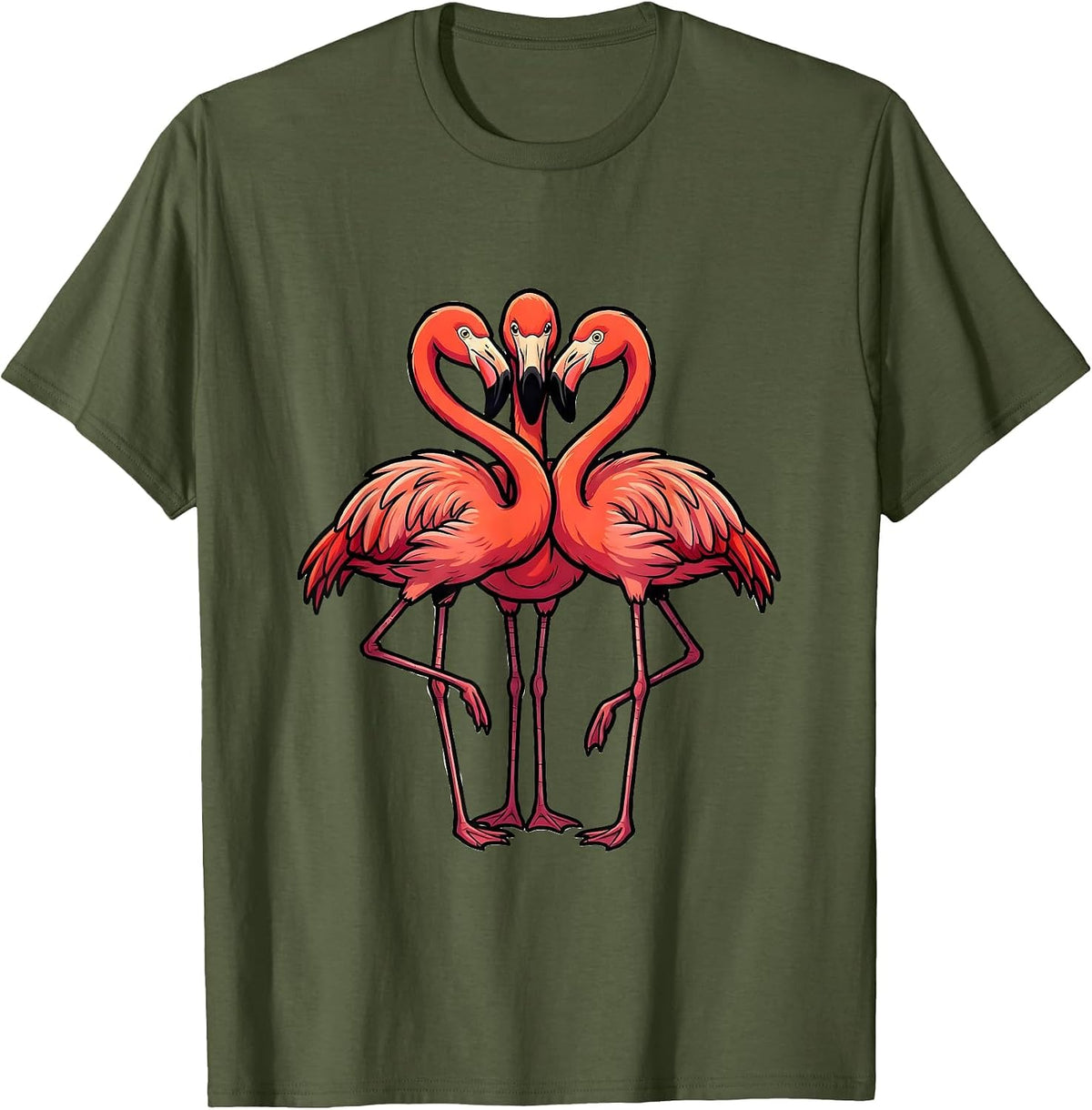Flamingo Flock Cartoon Bird Humor Matching Group T-Shirt - Olive Green