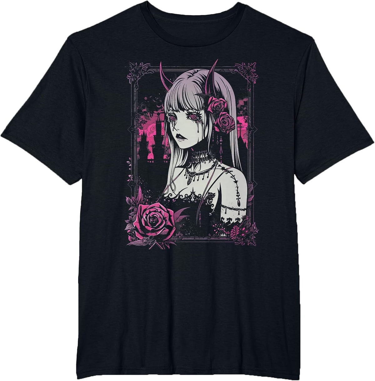 Anime European Goth Castle Sad Kawaii Rose Devil Flowers T-Shirt - Black