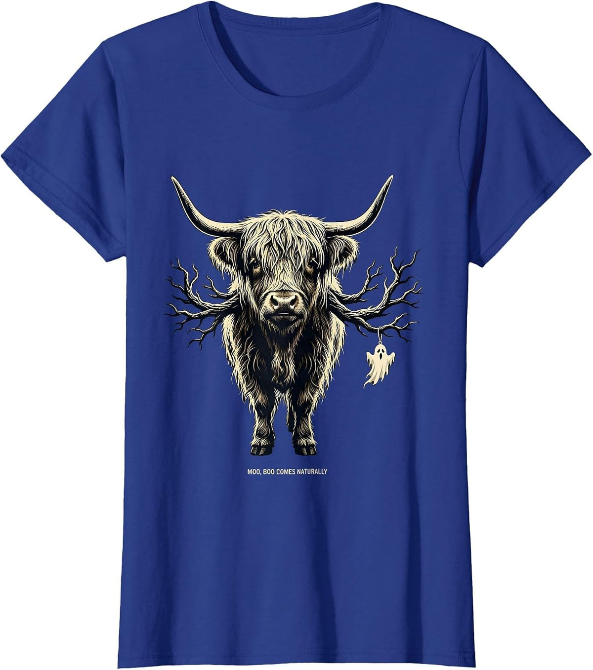 Women's Moo Boo Comes Naturally Funny Highland Cow Halloween Costume T-Shirt - Royal Blue